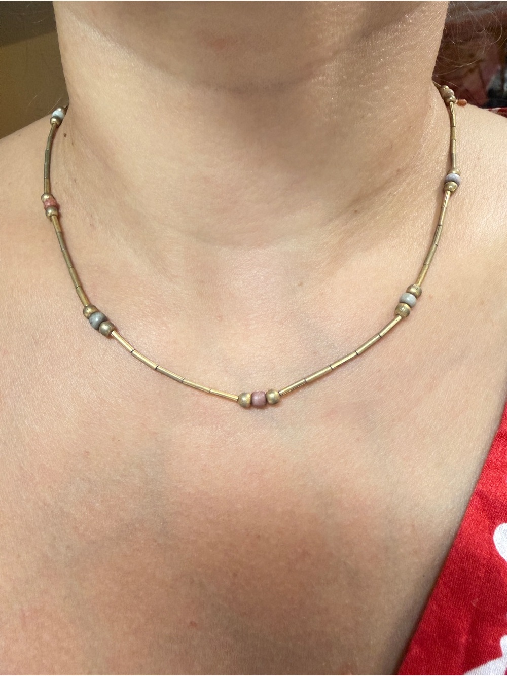 Vintage Minimalist Brass Beaded Necklace Earth Tone Beads barrel clasp